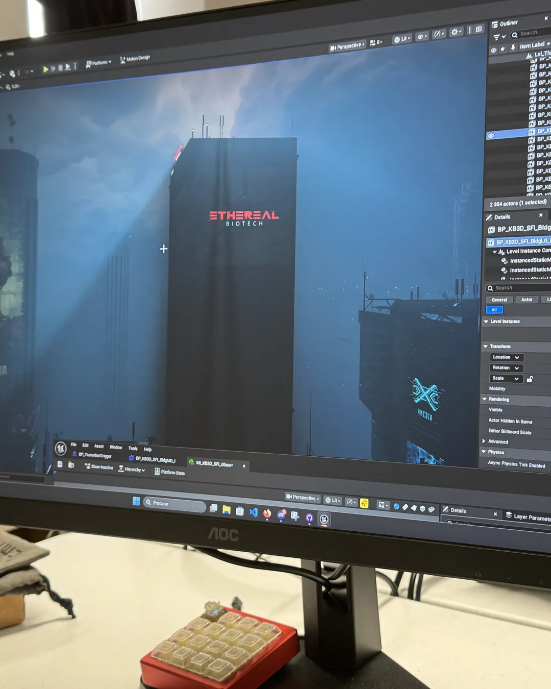 In-engine Ezekiel: the Ethereal Biotech tower rising through a hazy blue skyline, shown in the Unreal Engine editor.