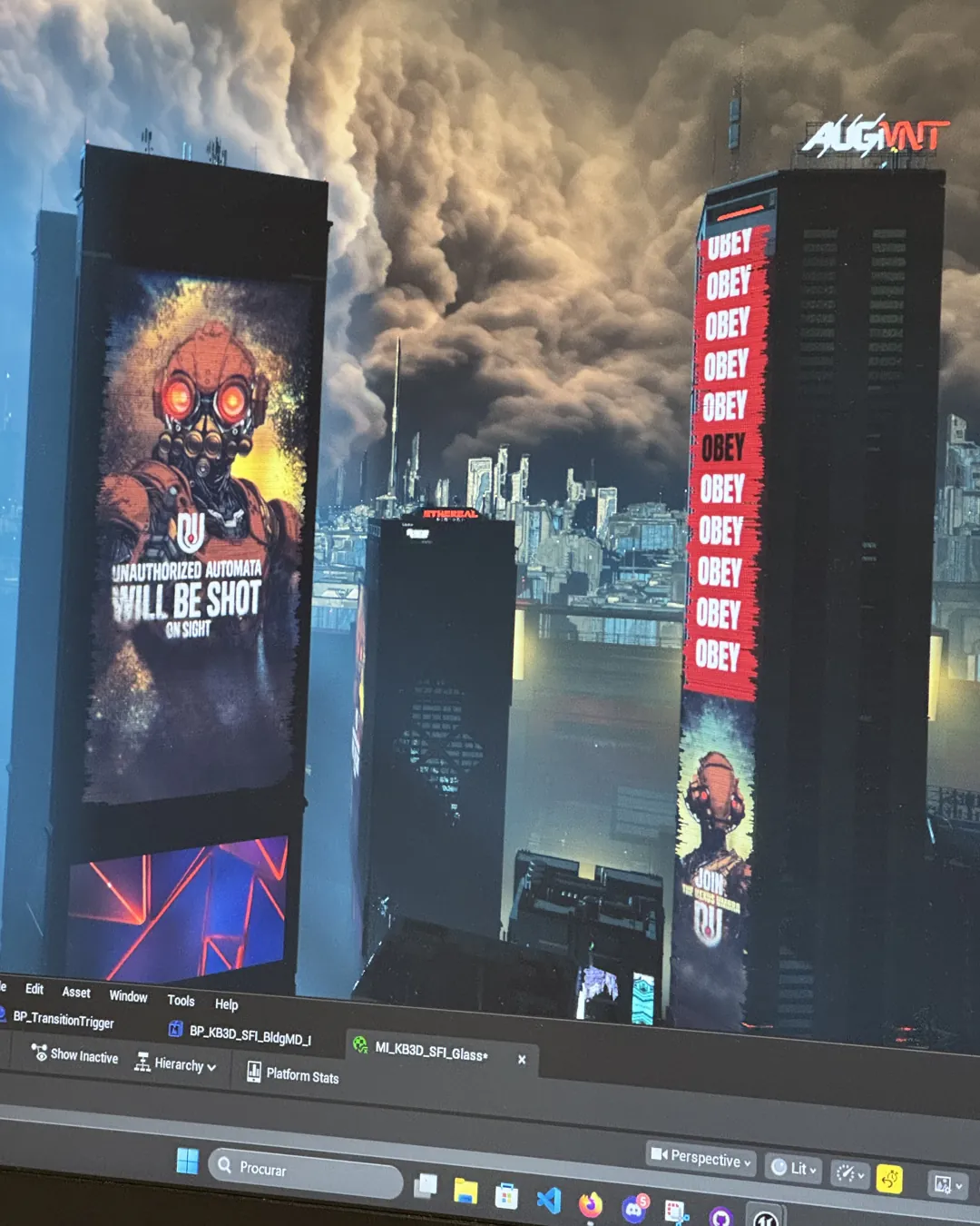 In-engine Ezekiel: a smog-choked city skyline with OBEY propaganda banners and an Unauthorized Automata Will Be Shot On Sight poster, captured in the Unreal Engine editor.