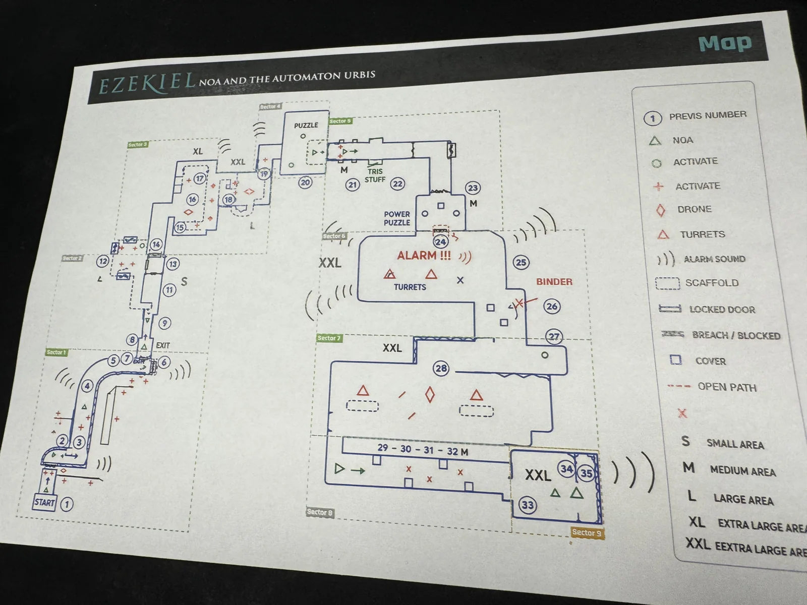 Hand-annotated official Ezekiel demo level map with a legend, showing the level layout, spawn points, encounter zones, and routes marked up in pen over the rendered level art.