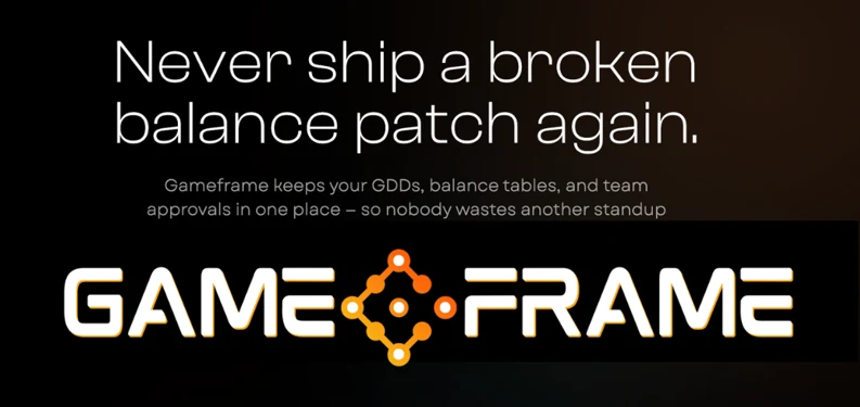 GameFrame product card: landing page with the headline 'Never ship a broken balance patch again.'