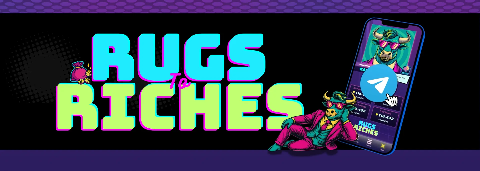 Rugs to Riches key art: bull mascot, logo, and Telegram phone mockup.