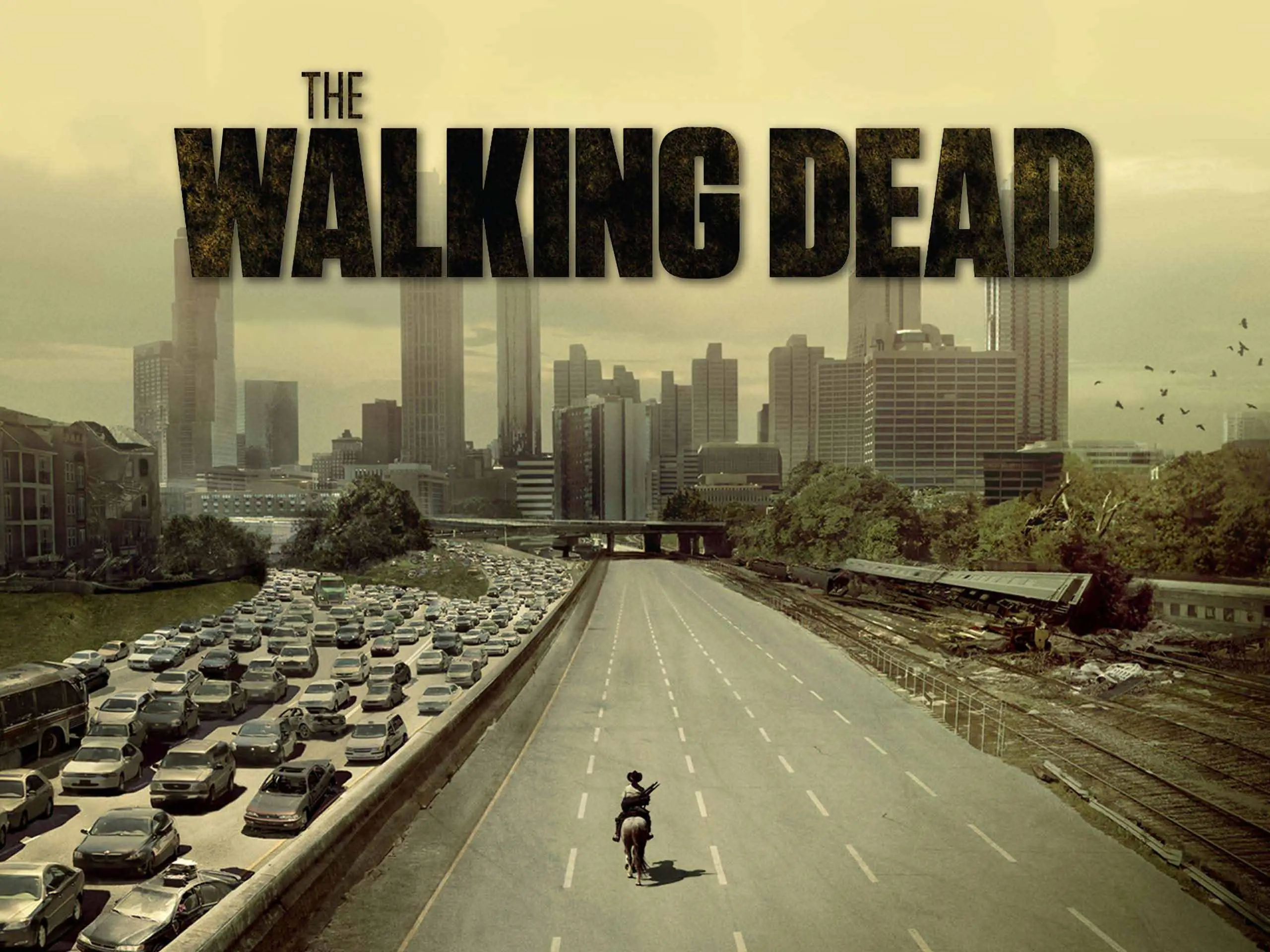 The Walking Dead key art: lone rider on a deserted highway leading into a derelict skyline.
